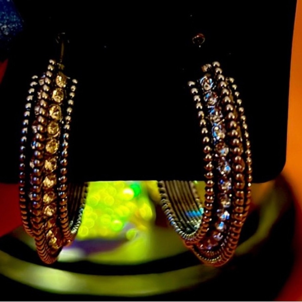 Gunmetal gray and clear crystal hoop earrings